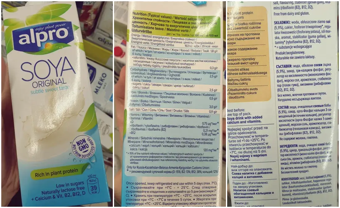 etykieta mleka roślinnego bez cukru skład